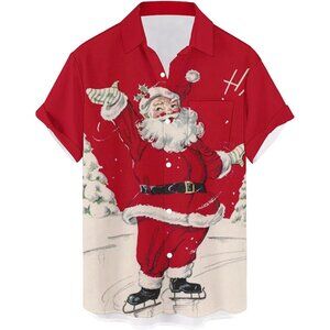 Mens Christmas Funky Button Down Party Aloha Santa Print Hawaiian Shirt Tops